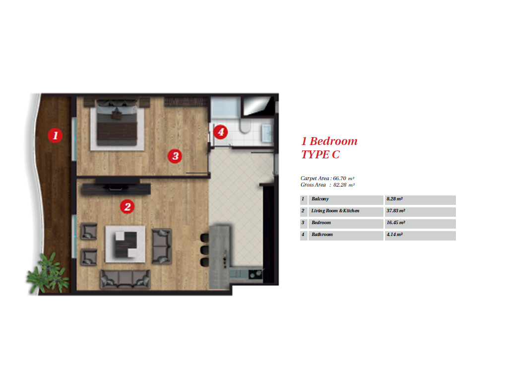 Mirage Residence One Bedroom Apartment Floor Plan